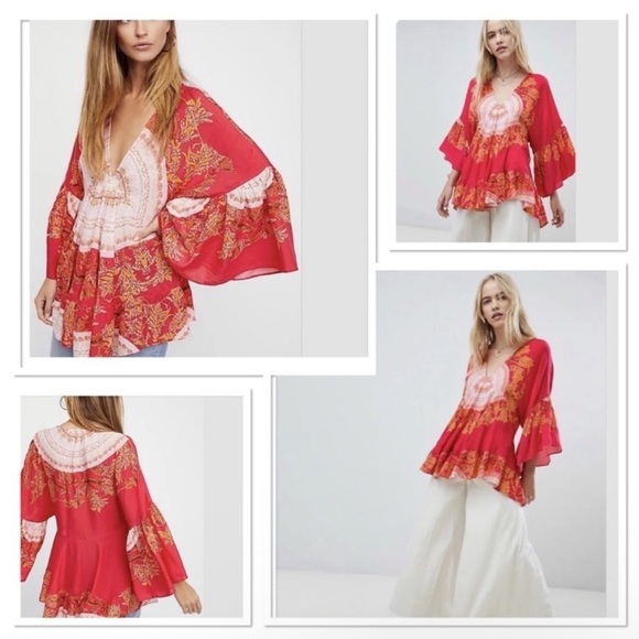 Free People Sunset Dreams V Neck Ruffle Bell Sleeve Tunic Blouse Top oversized - Picture 5 of 15